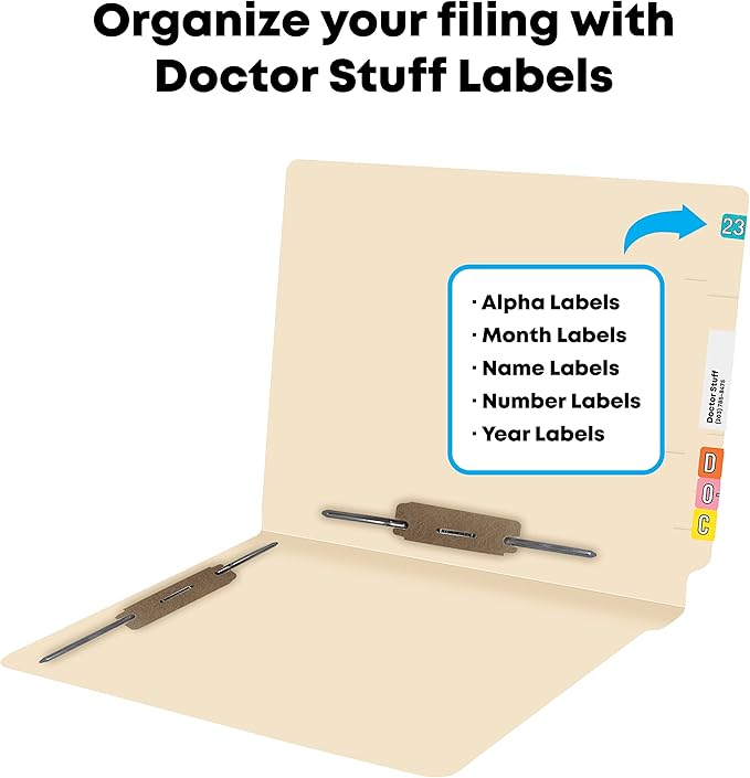 Manila File Folders, Doctor Stuff, Manila Letter Size Reinforced End Tab Folders with 2” Bonded Fastener on Inside Front and Back in Positions 3 & 5, 11 pt Manila Stock, Box of 50