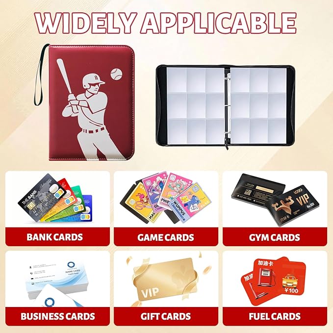 Trading Card Binder 9-Pocket Baseball Design Card Album with 50 Removable Sleeves, Holds 900 Cards, Sports & Game Collectible Card Holde