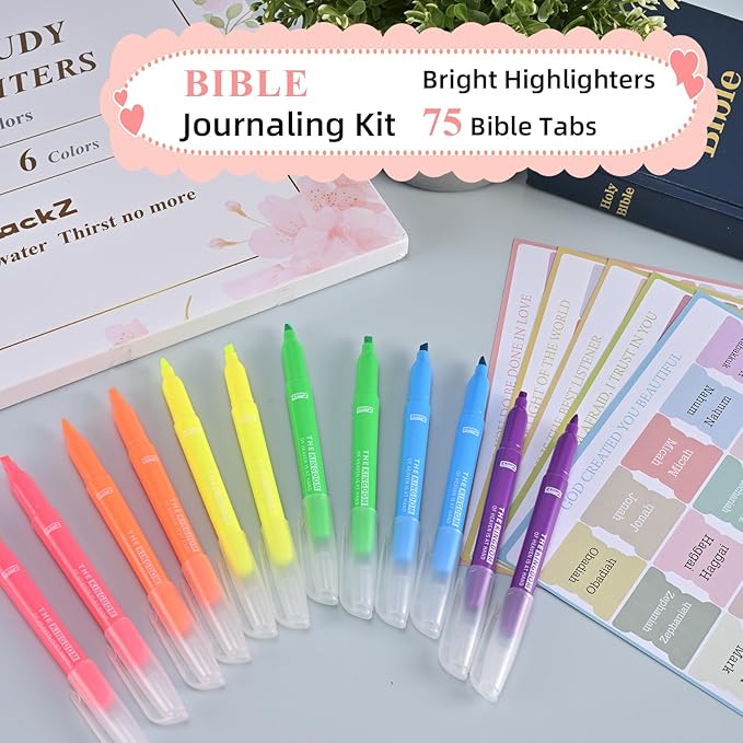 7-ackz Bible Highlighters Assorted Colors with Verses, 75 Tabs, Chisel Tip, Bulk Fluorescent, Dry Quick Bright Colors, Perfect for Bible Study Journaling, 6 Candy Color 30 Pack