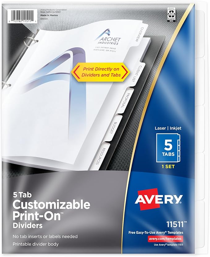 Avery Customizable Print-On Dividers for 3 Ring Binders, 5-Tab Set (11511)