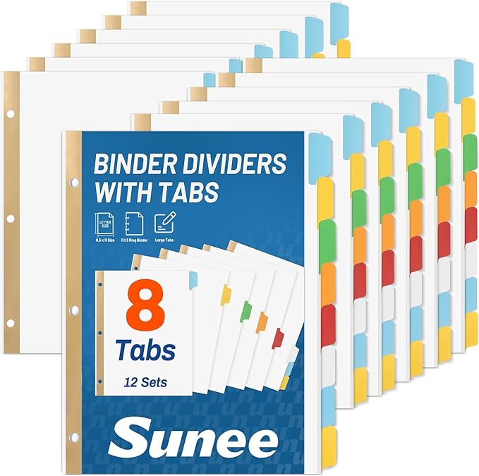 SUNEE Binder Dividers with Colorful Write On & Erase Tabs for 3 Ring Binder, 8.5 x 11 Paper White Reusable Dividers Blank with 8 Tabs, 12 Sets Page Dividers for School, Office and Home, 96 Dividers