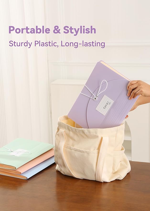 Accordion File Organizer 12 Pockets, Monthly Bill Receipt Tax Organizer, Expanding File Folders with Larger Bright Tabs, Fits Letter/A4 Size - Black - Purple