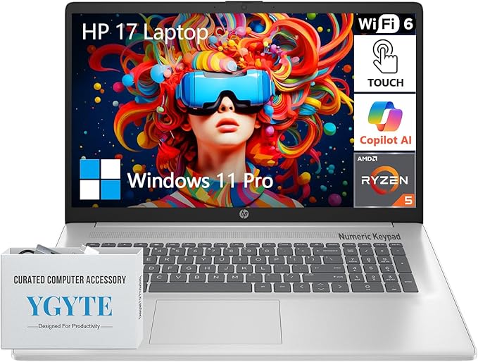 HP 17.3" Touchscreen Laptop PC Computer, 17 Inch HD+ Touch Screen Business Laptop Notebook, Windows 11 Pro, AMD Ryzen 5 (6-Cores), 32GB RAM 1TB SSD, 10-Key Number Pad, Copilot Key