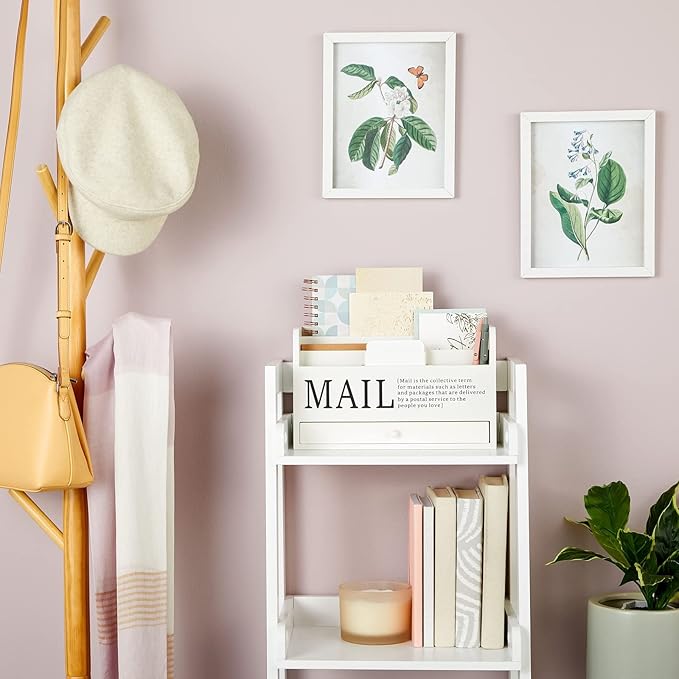 Juvale Wooden 3-Tier Countertop Mail Organizer - Desktop Organizer with Drawer for Paper & Supplies - Wall-Mount Mail Holder for Envelopes & Letters - White, 11 x 7 x 4 in