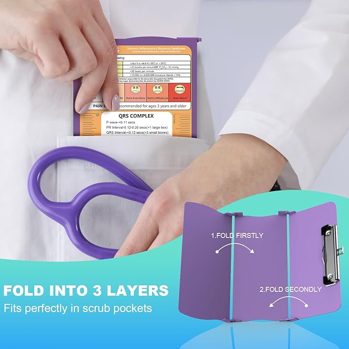 Clipboards Nursing Clipboard Trifold Foldable, 3 Layers Aluminum Nurse Clipboards with Nursing Edition Cheat Sheets Folding Pocket Size for Students, Nurses and Doctors (Purple)
