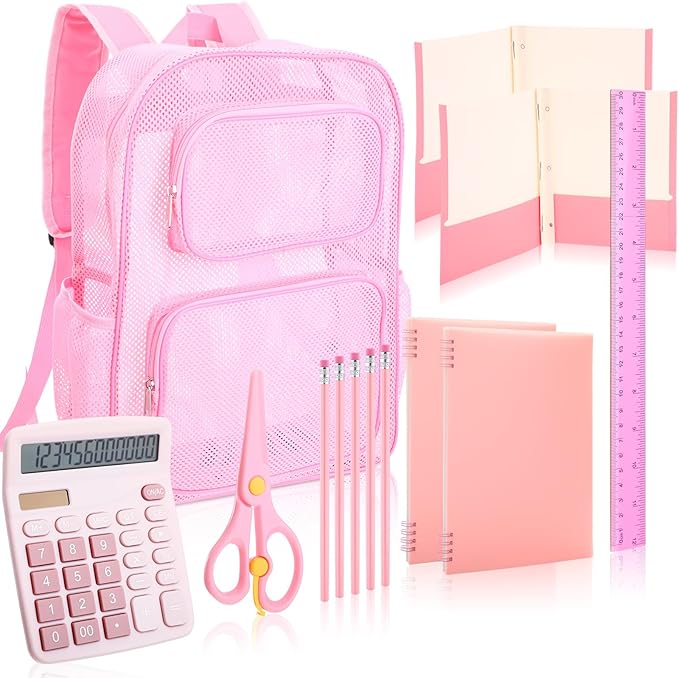 13 Piece Operation Christmas Bulk Item, 17" Mesh Backpack Semi Transparent Heavy Duty, Notebook for Holiday Donation(Pink)