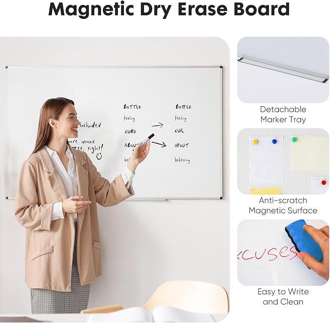 NEWBULIG Magnetic Dry Erase Whiteboard, 36" x 24" Large White Board with Silver Aluminum Frame for Wall with 1 Dry Eraser & 2 Multicolor Markers & 4 Magnetic Pins for Office, Home, School