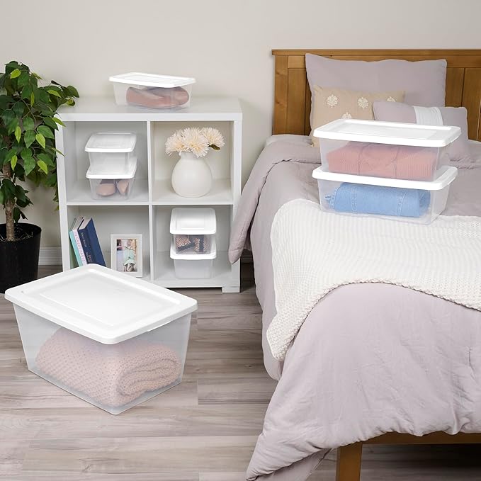 Sterilite 36 Pack Storage Box, 12 Quart Stackable Tote, Clear Plastic Container with Secure Snapping Lids for Home and Office Organization, White