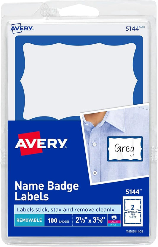 Avery Name Tags, White with Blue Border, Packs of 100 per Pack, 18 Packs, 1,800 Removable Name Badges Total (05144)