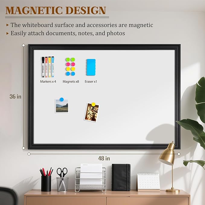 Large White Board for Wall, 48'' x 36'' Magnetic Dry Erase Board, 4'x3' Decorative Whiteboard with Black Wooden Frame, Hanging Writing Board for Home Office School Classroom