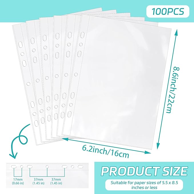 100 Pack 5.5x8.5 Inch Sheet Protectors for 3 or 6 Ring A5 Binder, Half Letter Size 7 Holes Mini Heavy-Duty Sheet Protector Sleeves Crystal Clear Playbill Binder Pockets