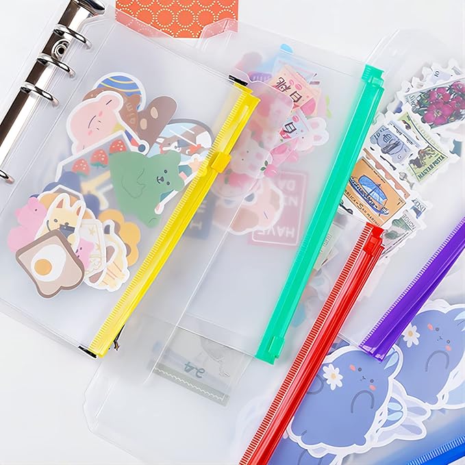 60pcs Binder Pockets 6 Holes Zipper Folders Clear PVC Card Loose Leaf Bags Cash Envelopes for Budgeting Binder Waterproof Document Filing Bags for 6 Ring Notebook Planner Inserts