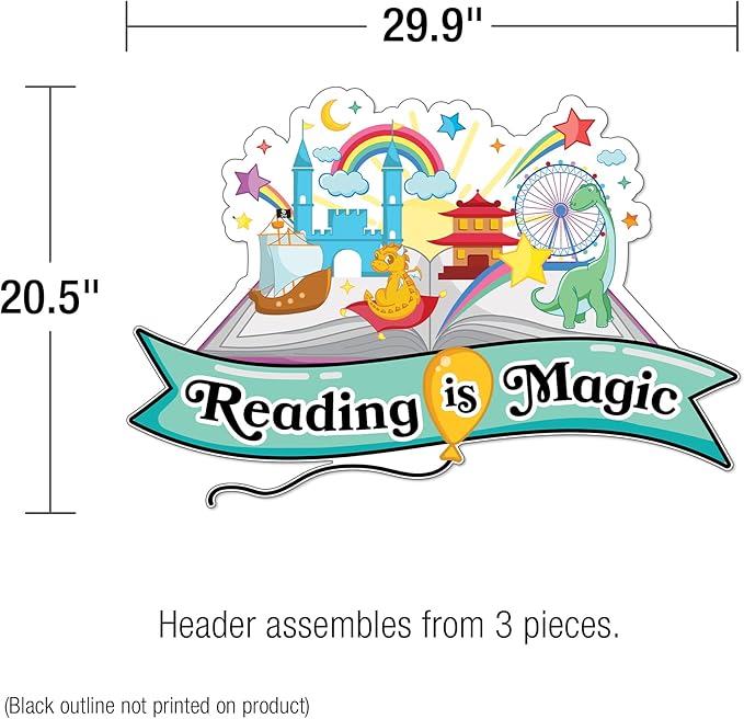 Carson Dellosa 53 pc Bundle Reading is Magic Set, Retro Rainbow, Balloons, Books, and Star Cutouts with Inspirational Quotes for Bulletin Board Classroom Decor