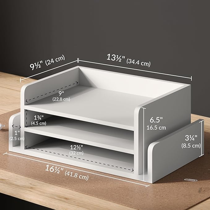 Ballucci 3-Tier Desk Organizer with 2 Side Mail Sorter Slots, Wood Letter Tray, Open Top Paper Organizer, Desktop File Organizer, White