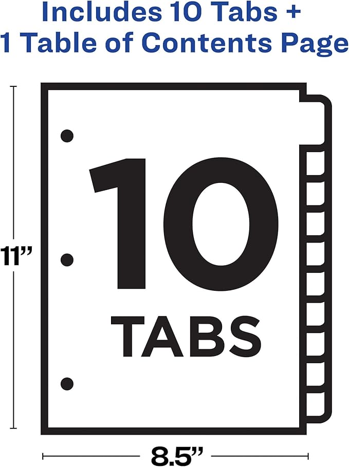 Avery Dividers for 3 Ring Binders, 10 Tabs per Set, Customizable Table of Contents, Classic White Tabs, Great for Organizing Reports, Projects, and More (11134)