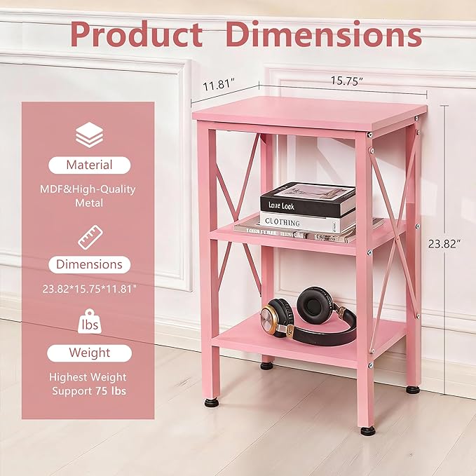 VECELO End Table, Bedside Table, 24" Tall Living Room End Tables, X-Design Reinforced Nightstands, Side Table with 3-Tier Storage Shelves for Small Spaces, Office, Bathroom, Bedroom, Pink