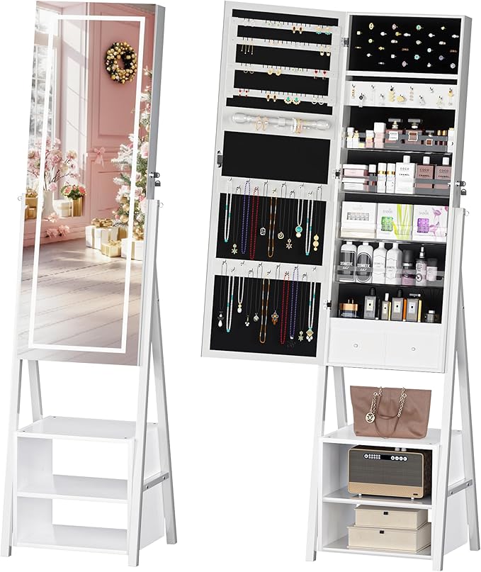 VECELO Jewelry Cabinet with Lights, 63" Full Length Mirror with Jewelry Storage, Lockable Standing Jewelry Mirror Cabinet, 3 Colors Mode, Powered By USB, White