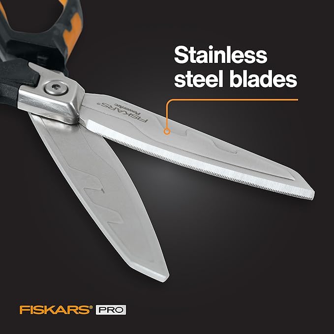 Fiskars PowerArc 8" Shop Shears, Heavy Duty Serrated Stainless Steel Scissors with Comfort Grip, Hardware Tool for Construction, Cut Materials like Insulation, Duct Tape, Cardboard, Rope and Tyvek
