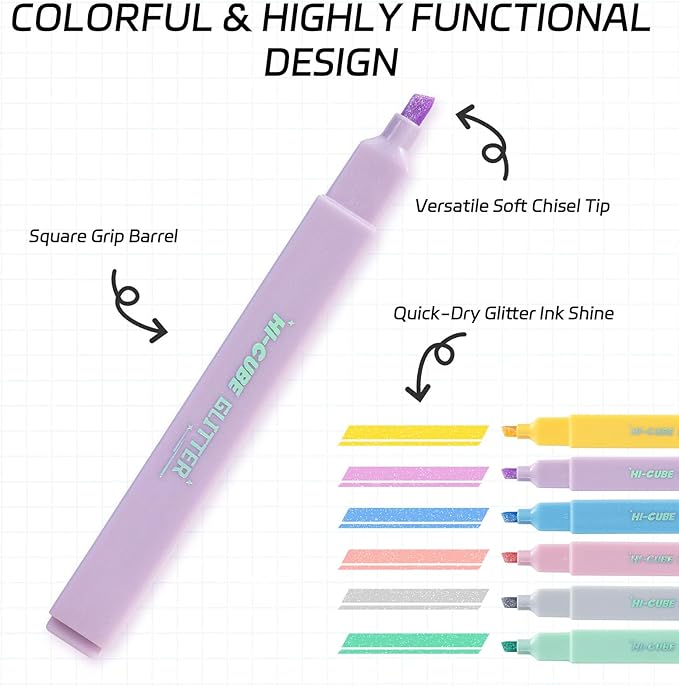 M&G HI-CUBE Glitter Highlighters, 6 Pack Gentle Colors with Glitter Ink, No Bleed Soft Chisel Tip for Bible Study, Cute Aesthetic Highlighters for Journaling, Planners & Notes