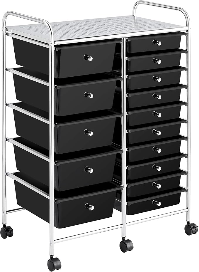 Yaheetech 15 Drawers Rolling Storage Cart Multipurpose Mobile Rolling Utility Storage Organizer Cart Tools Scrapbook Paper Organizer on Wheels, Black