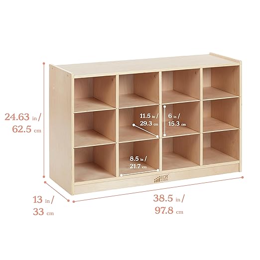 ECR4Kids 12 Cubby Mobile Tray Storage Cabinet, 3x4, Classroom Furniture, Natural