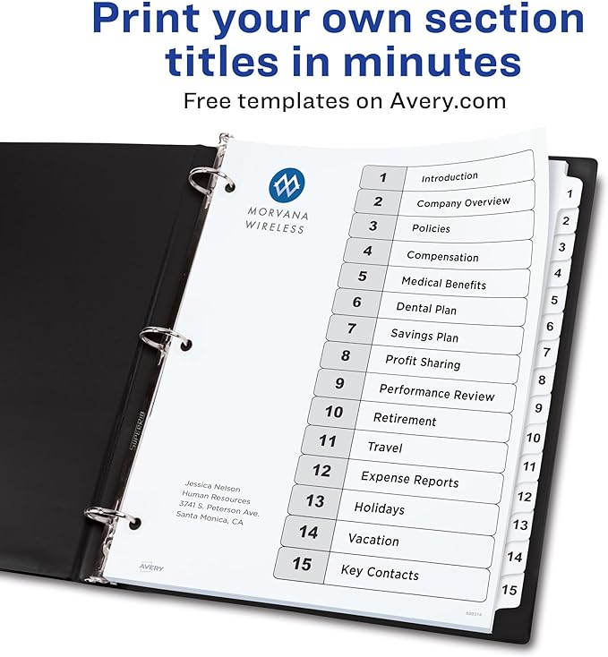 Avery Dividers for 3 Ring Binders, 15 Tabs per Set, Customizable Table of Contents, Classic White Tabs, Great for Organizing Reports, Projects, and More (11142)