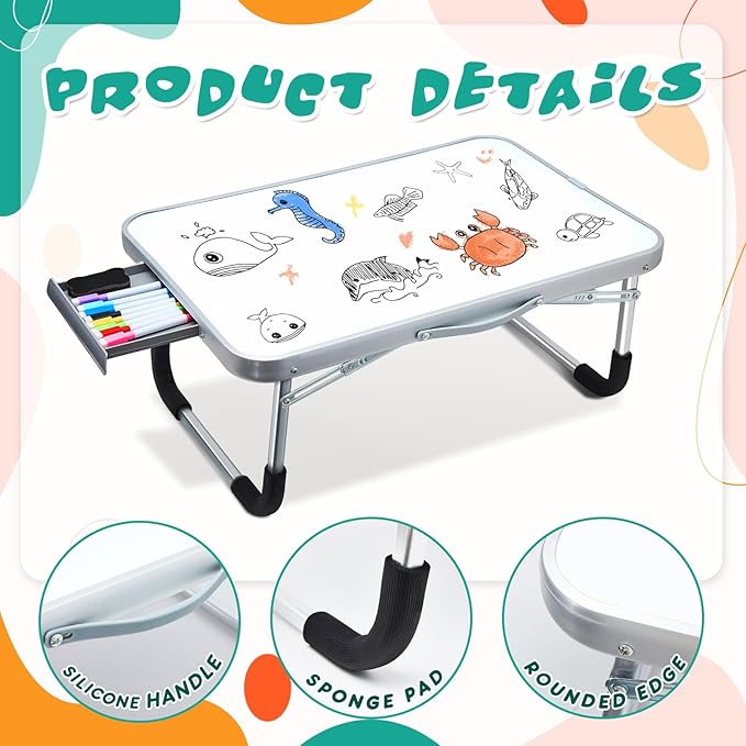 Suzile 1 Pc Lap Desk with Dry Erase Board, 24"x16" Foldable Study Table with Storage Drawer, Markers & Eraser, Portable Learning Desk for Homeschool, Homework & Drawing, Writing, School Supplies