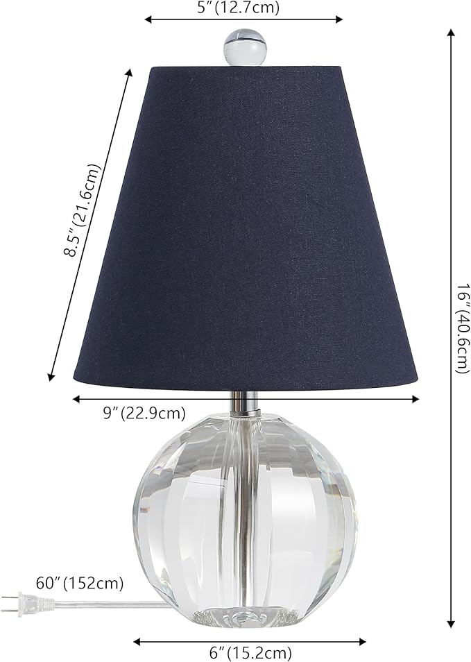 JONATHAN Y 16" Clear/Navy Crystal Ball LED Table Lamp, White Modern Bedside Lamp, with White Linen Empire Shade, Glam Orb Glass Nightstand Lamp for Living Room, LED Bulb (JYL2079D)