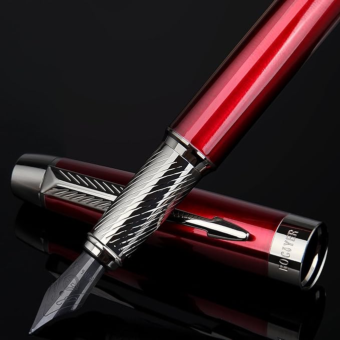 Fountain Pen with Fine Nib & Black Ink, Refillable & Elegant Bent Nib Design, Calligraphy Pens for Writing, Best Fountain Pen for Smooth & Fancy Writing (Red)