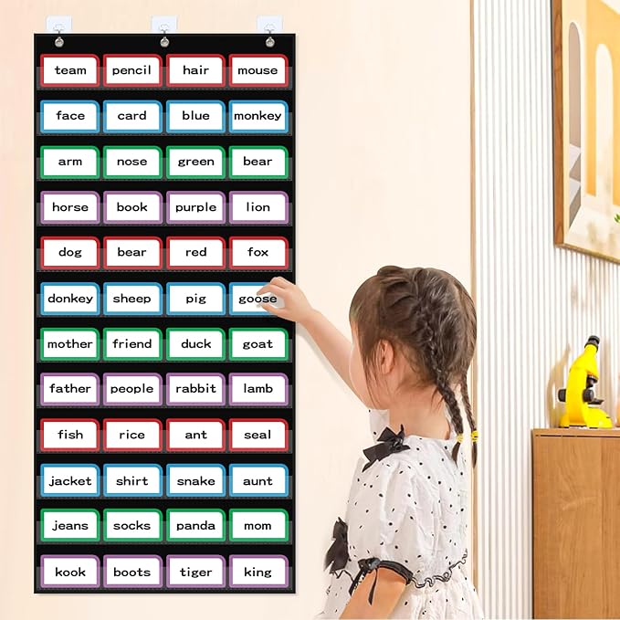 20”W x 48.25”H Classroom Words Pocket Chart with 12 Clear Pockets, Black Standard Pocket Chart for Classroom and Home for Sentence Strips, Reusable Clear Pocket Hanging Words Chart (Black)