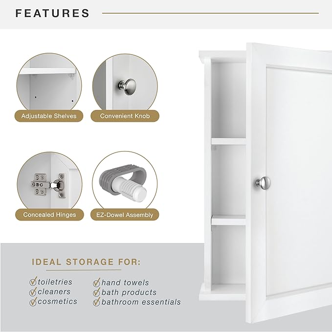 MCS 23x18 White Medicine Cabinet Organizer, Wall Mounted Bathroom Cabinet for Over-The-Toilet Storage, Bathroom Furniture & Restroom Organizer