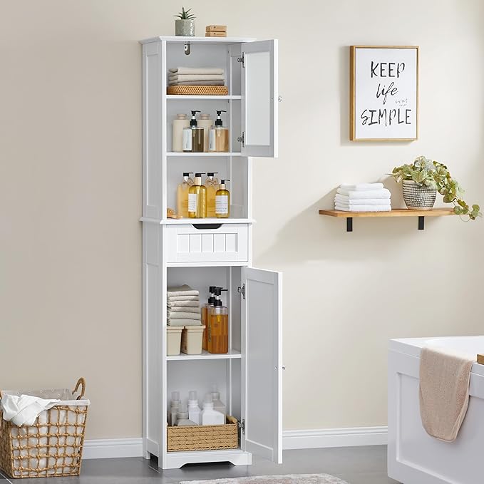 Yaheetech 67”Tall Bathroom Storage Cabinet,Narrow Floor Cabint with 2 Doors and 1 Drawer,Slim Bathroom Organizers,Adjustable Shelves,Storage Unit for Living Room, Entryway,Kitchen,White