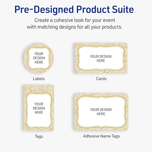 Avery Printable Adhesive Name Badges, 2-1/3" x 3-3/8", Pre-Printed Flourished Metallic Gold Florals Design, Matte White, Laser & Inkjet Compatible, 80 Total