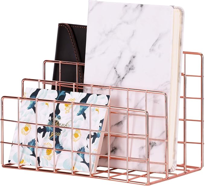 Simmer Stone Gold Letter Sorter Organizer for Desk, Premium Plated Metal Mail Holder with 3 Upright Slots, Ultra-Stable & Non-Wobbling Desktop Organizer for Envelopes, Documents, Palettes 9.5“ x 4.7 ”