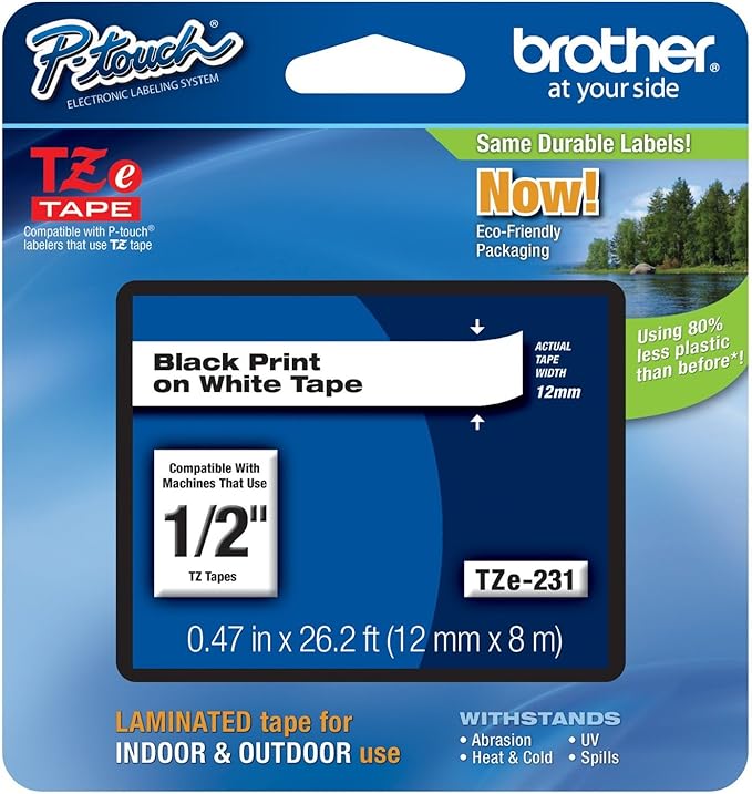 Brother P-Touch 4 Pack 1/2 in. (0.47 in.) Black on White Standard Laminated Tape, 26.2 ft. (8 m)
