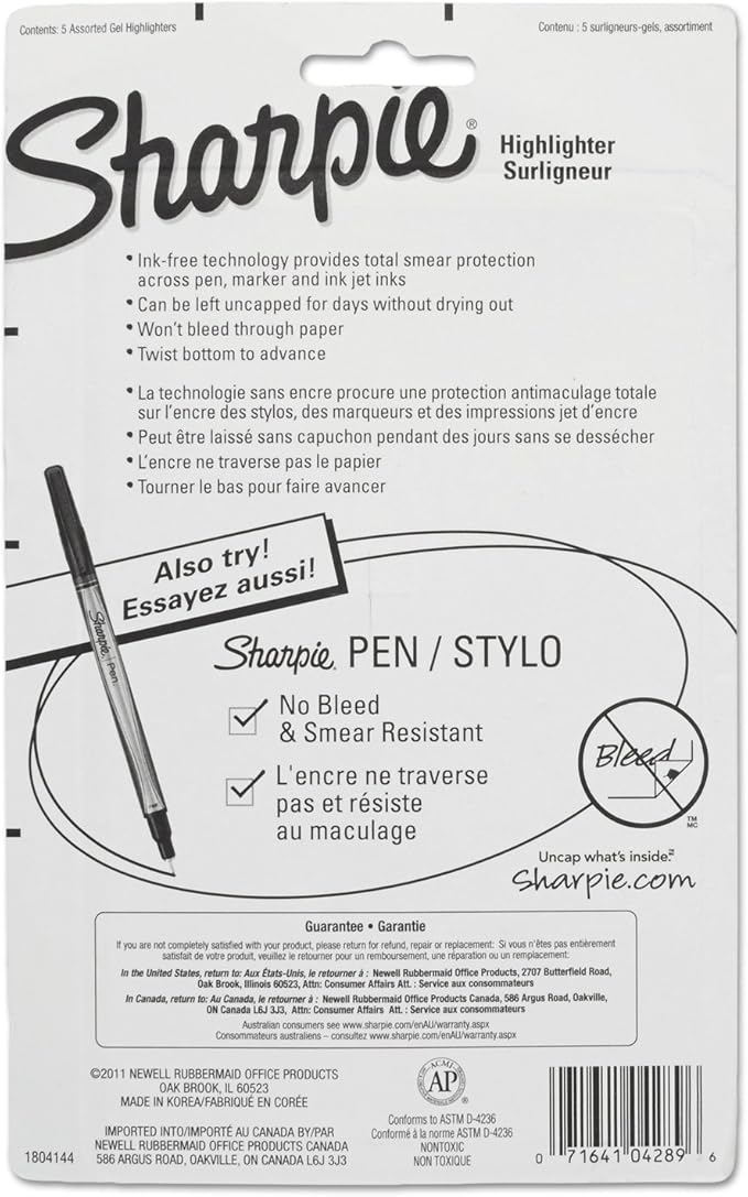Sharpie Gel Highlighters Bullet Tip Assorted Fluorescent Highlighter Markers 5 Count Pack Smear And Bleed Resistant Long-Lasting And Won'T Dry Out