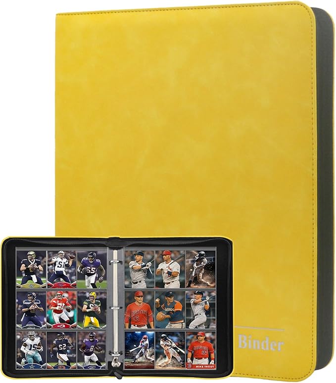 Trading Card Binder, 3-Ring 9-Pocket Zipper Binder for Baseball Cards, Sports Cards, TCG/CCG (MTG, Football, Basketball), 20 Black Leatherette Sheets, Side Load (Yellow, O-Ring)