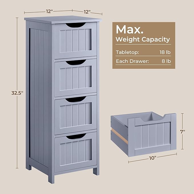 Yaheetech Bathroom Floor Cabinet, Wooden Side Storage Organizer, 4 Drawers Free-Standing Cabinet for Bathroom/Hallway/Living Room, Gray