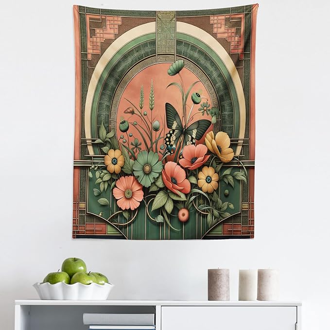 Ambesonne Boho Tapestry, Traditional Japanese Ornaments with Floral Balcony with Butterfly Spring, Fabric Wall Hanging Decor for Bedroom Living Room Dorm, 23" X 28", Dark Salmon Laurel Green