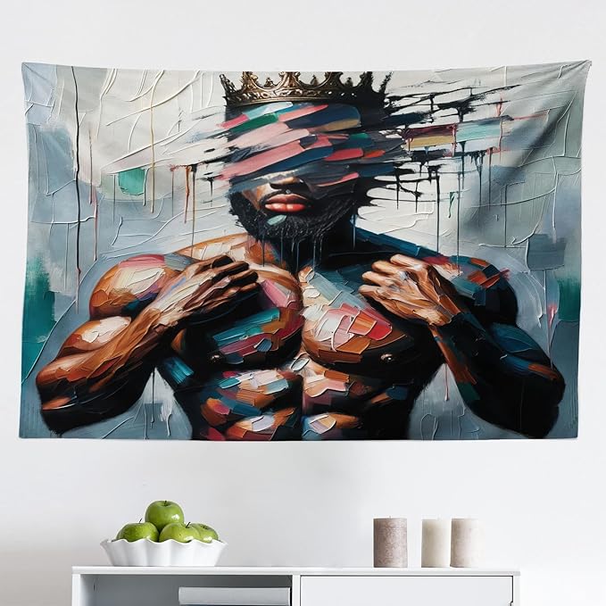 Ambesonne Afro Art Tapestry, Strong Black Man with a Crown Face of Strokes Modern Painting Print, Fabric Wall Hanging Decor for Bedroom Living Room Dorm, 45" X 30", Blue Grey and Chocolate
