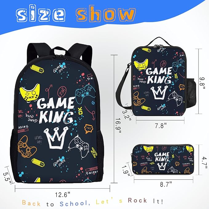 3PCS Gamer Backpack Set for Boys, Lightweight Large Backpack with Lunch Box & Pencil Case, Cool Game Video Bookbag for Kids, Back to School Backpacks for Elementary & Middle School
