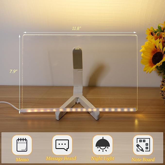 Acrylic Dry Erase Board with Light 11.8 X 7.9” Clear Light up Dry Erase Board with Stand Desktop Glow Memo LED Letter Rewritable Message Board White Board LED Note Board with 7 Color Markers