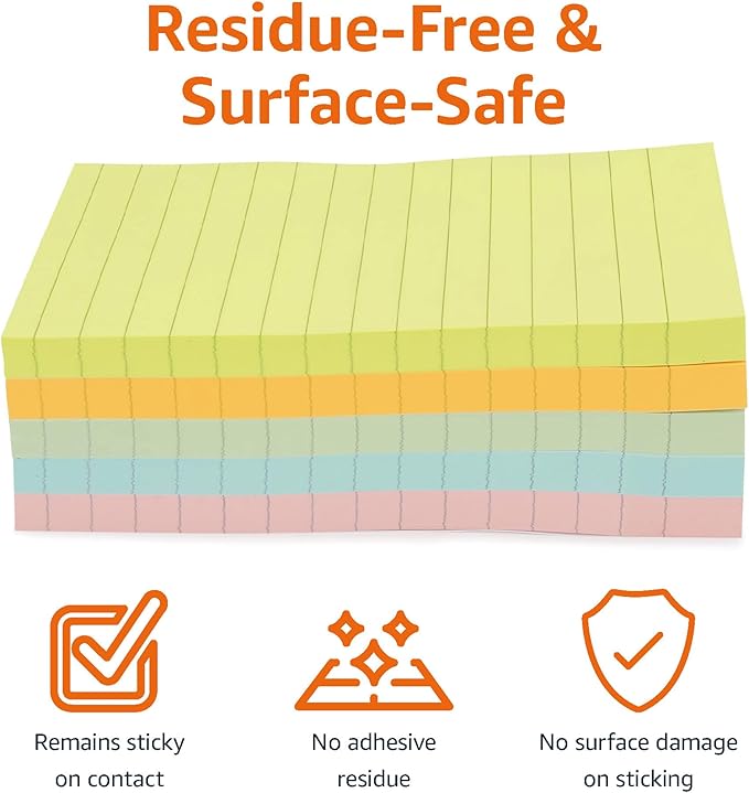 Amazon Basics Lined Sticky Notes, 4x6" Self-Stick Pads with Clean Removal Adhesive for To Do List, Home, Office, Notebook, Assorted Colors, 100 Sheets/Pad, Pack of 5