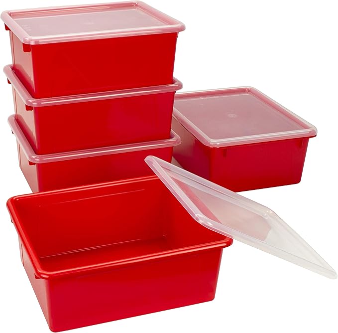 Storex Letter Size Deep Storage Tray – Organizer Bin with Non-Snap Lid for Classroom, Office and Home, Red, 5-Pack (62545A05C)