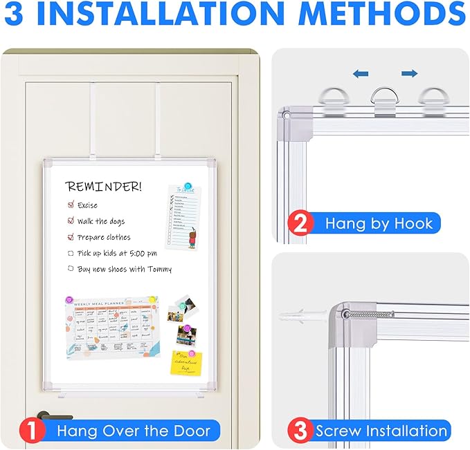 Magnetic Dry Erase Board for Doors, 24x18 Inch Whiteboard with Adjustable Long Arm Hook Mount - Easy to Install, Portable Hanging White Board for Home, Dorm Room, Office Cubicle & Small Spaces