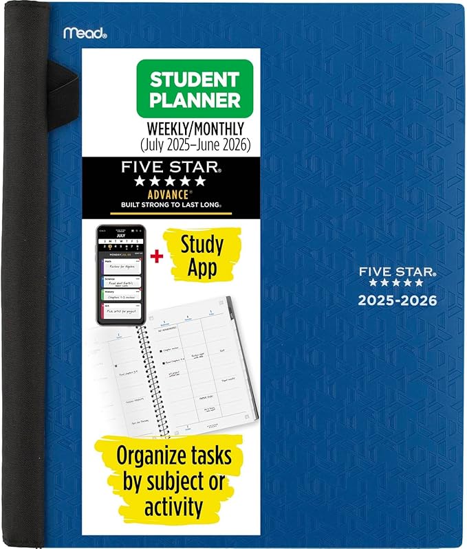 Five Star Planner 2025-2026 Academic, Weekly & Monthly Advance Student Planner + Study App, 8-1/2" x 11", Large, Pacific Blue (CAW65920)