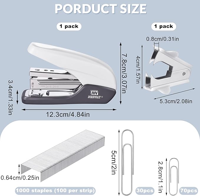 NEEWAY Effortless Stapler 25 Sheets Capacity, Jam Free, 4 in 1 Office Supplies Set with Staple Remover, 100pcs Paper Clips and 1000 Staples for Desk, Home (White)