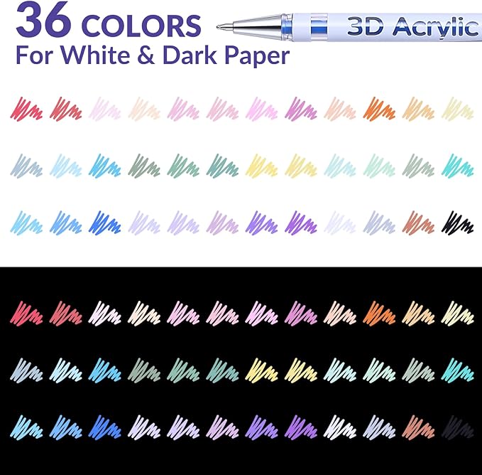 3D Acrylic Gel Pen,36 Colors Gel Pens With 1mm Bullet Tip Point, Acrylic Paint Pens for Black Paper,Rock Painting, Glass, Wood, Fabric,Cards,Scrapbook,DIY Art Crafts