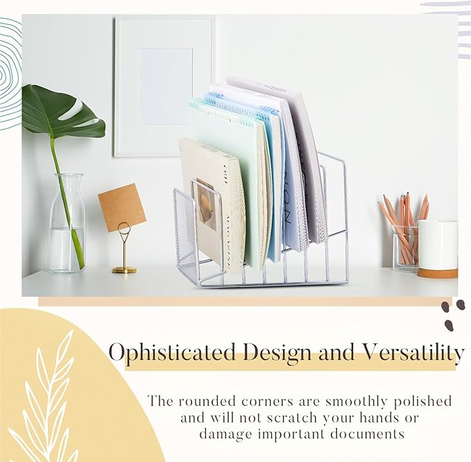 2 Pcs 7 Section Wire File Organizer for Desk, Metal Mesh Incline File Holder, Letter & Magazine Folder Rack, Desktop Paper Sorter for Home Office School (Silver)