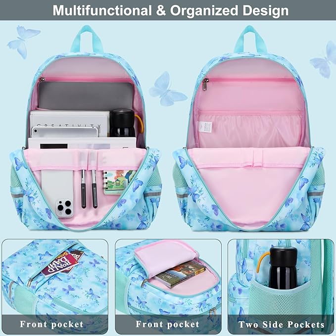 DSIUE Kids Backpack for Girls Elementary BookBags Teens School Backpack with Lunch Box Strawberry Pink